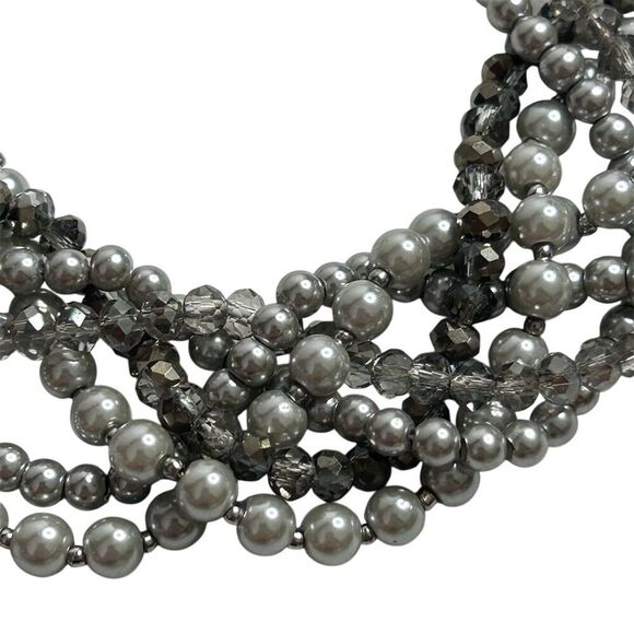 Loft Multi-Strand Gunmetal Tone Necklace Simulated Pearls Rhinestones - Picture 9 of 13